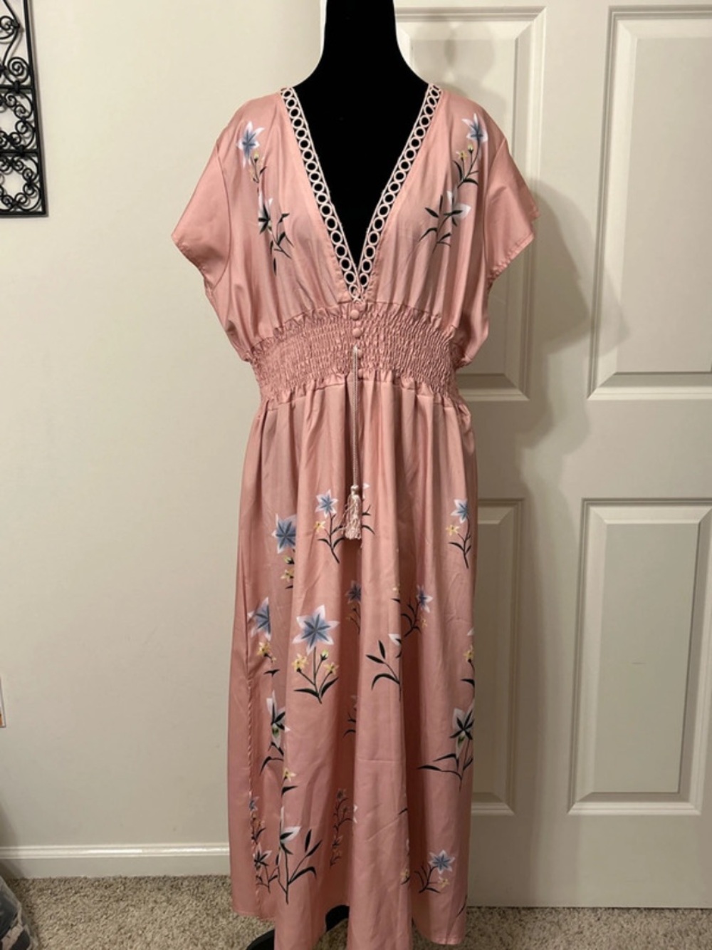 Allegra K Blush Pink Floral V-Neck Maxi Dress